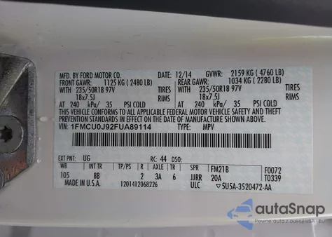 2015 Ford Escape Titanium from USA, damaged, VIN 1FMCU0J92FUA89114